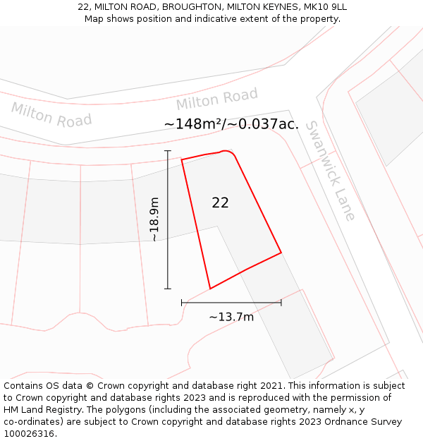 22, MILTON ROAD, BROUGHTON, MILTON KEYNES, MK10 9LL: Plot and title map