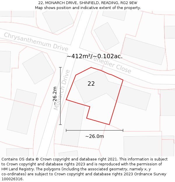 22, MONARCH DRIVE, SHINFIELD, READING, RG2 9EW: Plot and title map