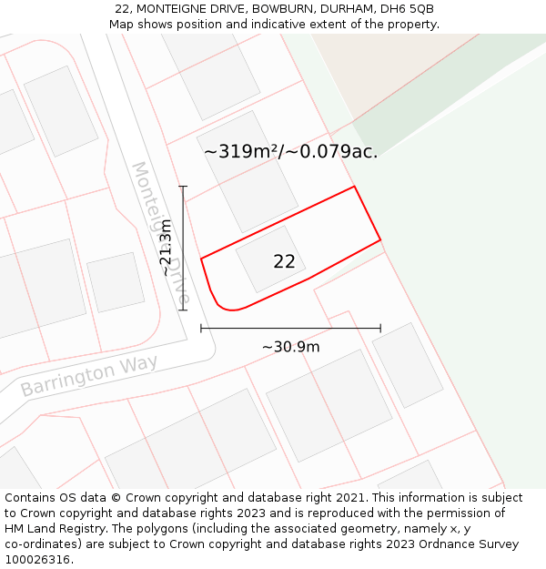 22, MONTEIGNE DRIVE, BOWBURN, DURHAM, DH6 5QB: Plot and title map