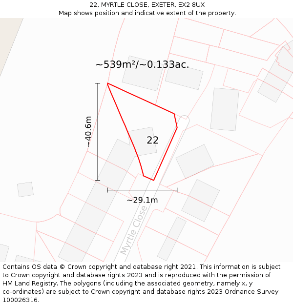 22, MYRTLE CLOSE, EXETER, EX2 8UX: Plot and title map