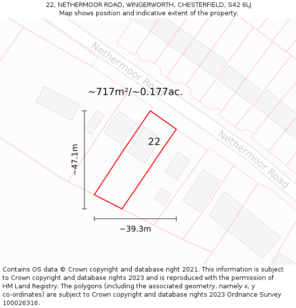 22, NETHERMOOR ROAD, WINGERWORTH, CHESTERFIELD, S42 6LJ: Plot and title map