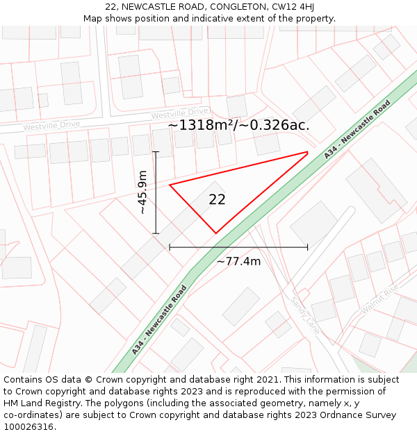 22, NEWCASTLE ROAD, CONGLETON, CW12 4HJ: Plot and title map