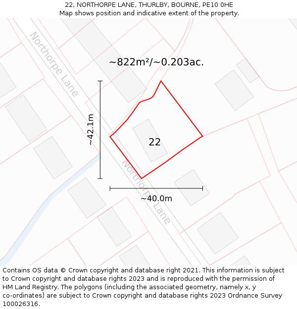 22, NORTHORPE LANE, THURLBY, BOURNE, PE10 0HE: Plot and title map