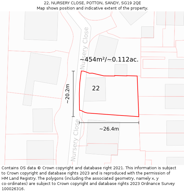 22, NURSERY CLOSE, POTTON, SANDY, SG19 2QE: Plot and title map