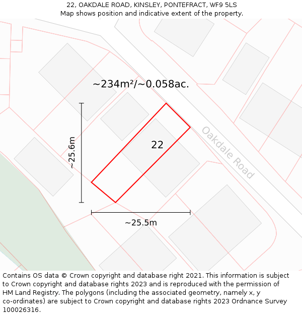 22, OAKDALE ROAD, KINSLEY, PONTEFRACT, WF9 5LS: Plot and title map