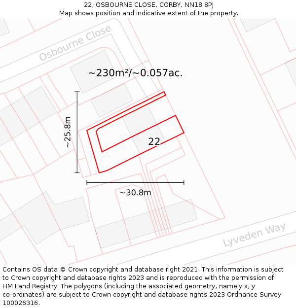 22, OSBOURNE CLOSE, CORBY, NN18 8PJ: Plot and title map