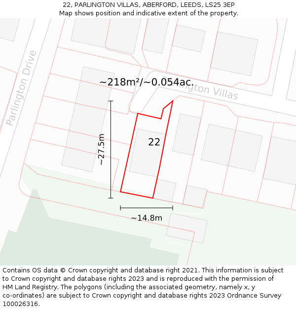 22, PARLINGTON VILLAS, ABERFORD, LEEDS, LS25 3EP: Plot and title map