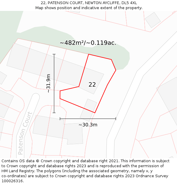 22, PATENSON COURT, NEWTON AYCLIFFE, DL5 4XL: Plot and title map