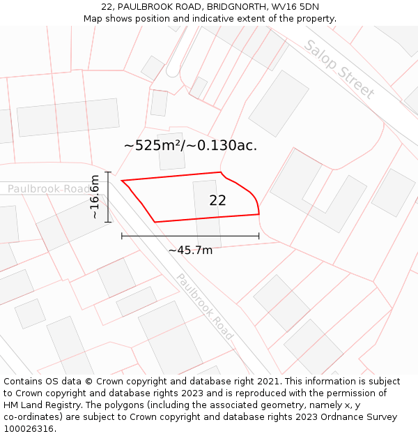 22, PAULBROOK ROAD, BRIDGNORTH, WV16 5DN: Plot and title map