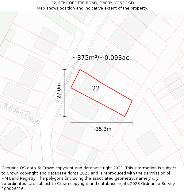 22, PENCOEDTRE ROAD, BARRY, CF63 1SD: Plot and title map