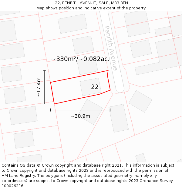 22, PENRITH AVENUE, SALE, M33 3FN: Plot and title map