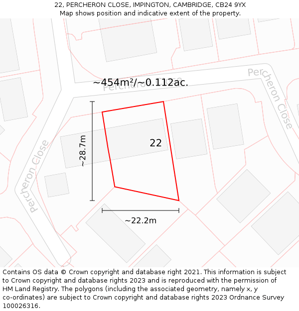 22, PERCHERON CLOSE, IMPINGTON, CAMBRIDGE, CB24 9YX: Plot and title map