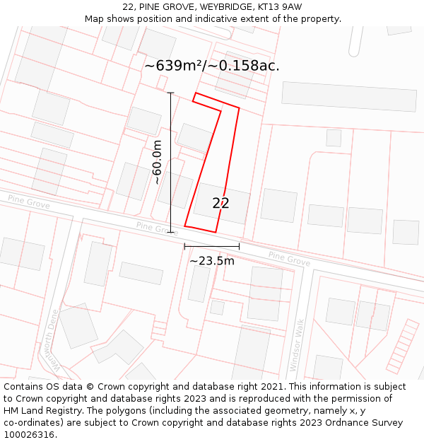 22, PINE GROVE, WEYBRIDGE, KT13 9AW: Plot and title map