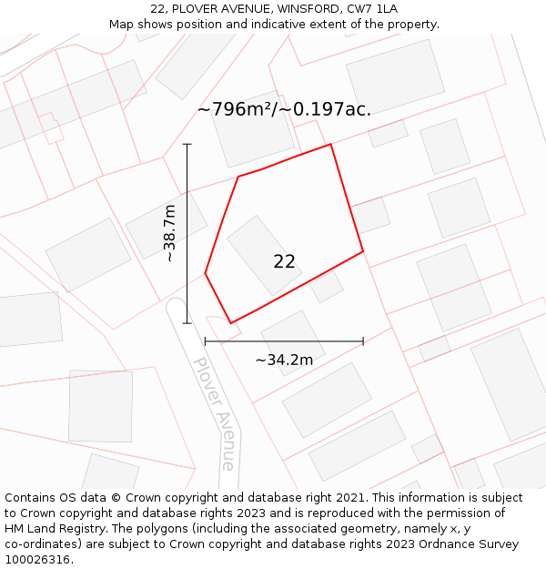 22, PLOVER AVENUE, WINSFORD, CW7 1LA: Plot and title map