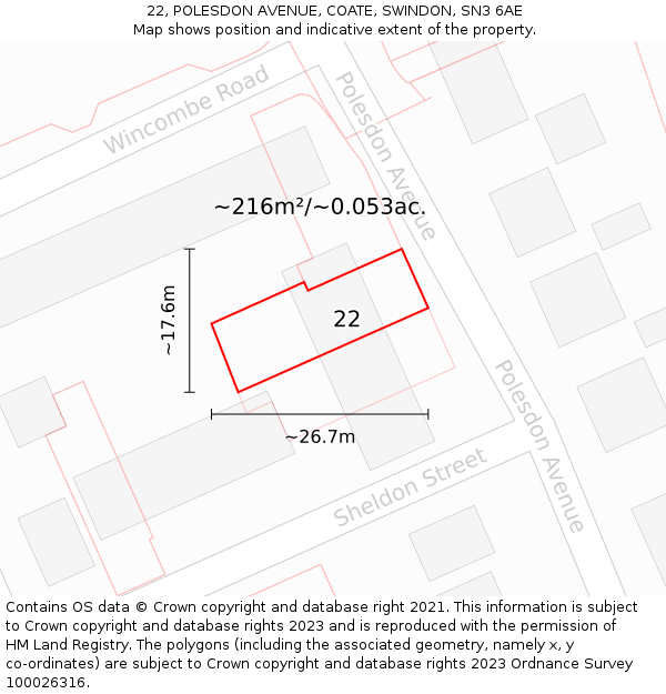 22, POLESDON AVENUE, COATE, SWINDON, SN3 6AE: Plot and title map