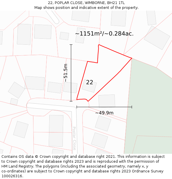 22, POPLAR CLOSE, WIMBORNE, BH21 1TL: Plot and title map