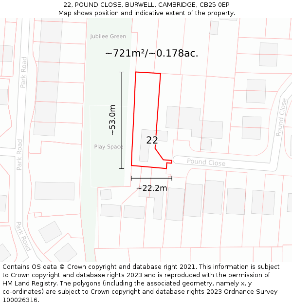 22, POUND CLOSE, BURWELL, CAMBRIDGE, CB25 0EP: Plot and title map