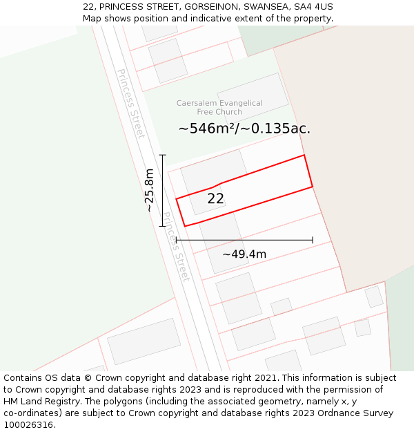 22, PRINCESS STREET, GORSEINON, SWANSEA, SA4 4US: Plot and title map