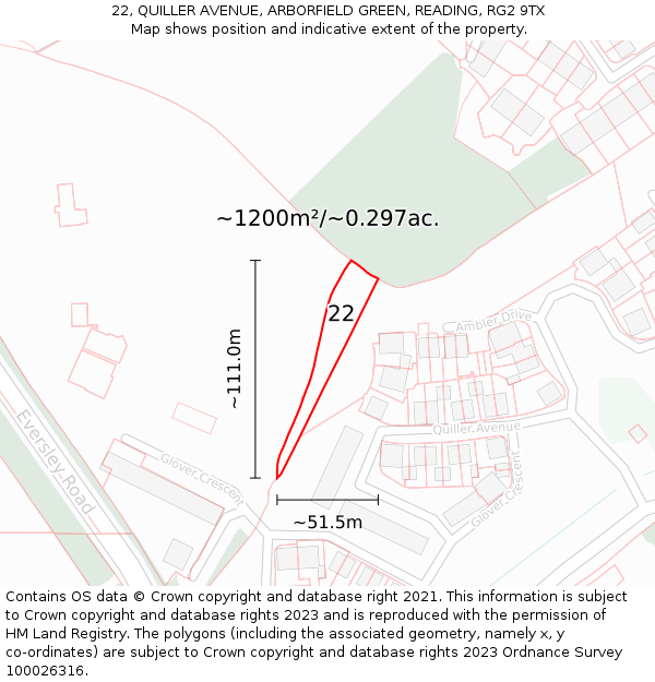 22, QUILLER AVENUE, ARBORFIELD GREEN, READING, RG2 9TX: Plot and title map