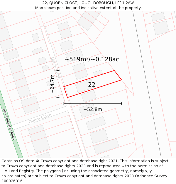 22, QUORN CLOSE, LOUGHBOROUGH, LE11 2AW: Plot and title map