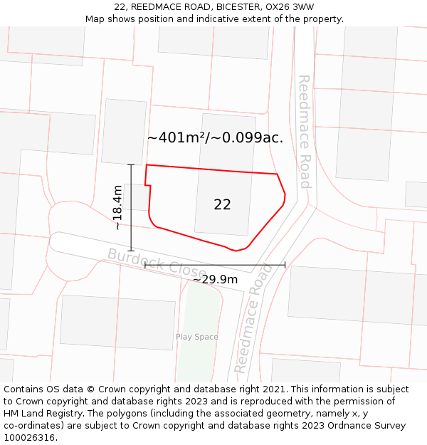 22, REEDMACE ROAD, BICESTER, OX26 3WW: Plot and title map