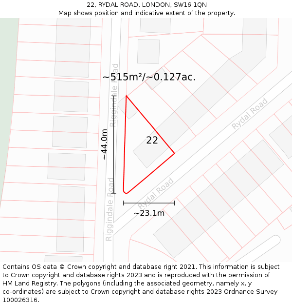 22, RYDAL ROAD, LONDON, SW16 1QN: Plot and title map