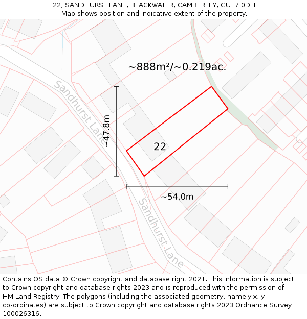 22, SANDHURST LANE, BLACKWATER, CAMBERLEY, GU17 0DH: Plot and title map