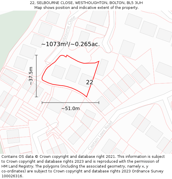 22, SELBOURNE CLOSE, WESTHOUGHTON, BOLTON, BL5 3UH: Plot and title map