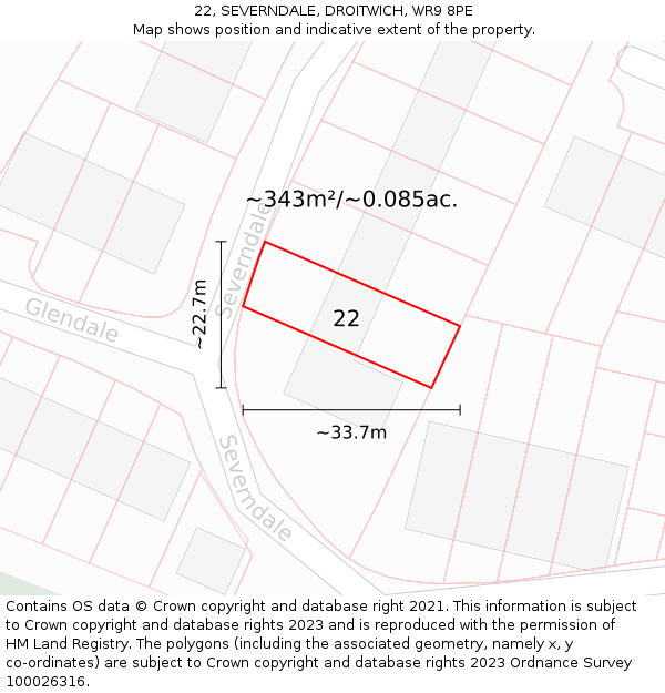 22, SEVERNDALE, DROITWICH, WR9 8PE: Plot and title map