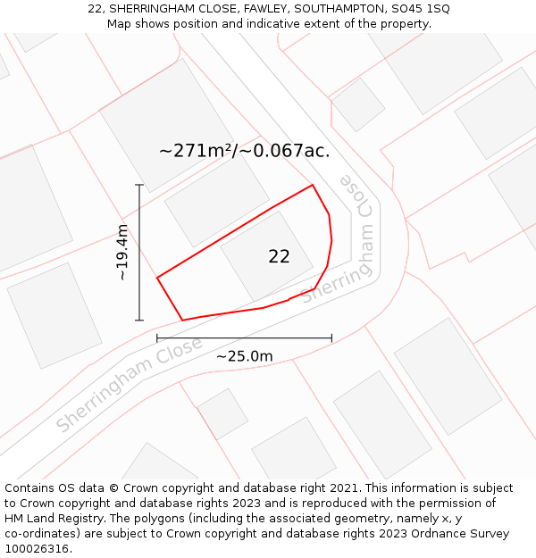 22, SHERRINGHAM CLOSE, FAWLEY, SOUTHAMPTON, SO45 1SQ: Plot and title map