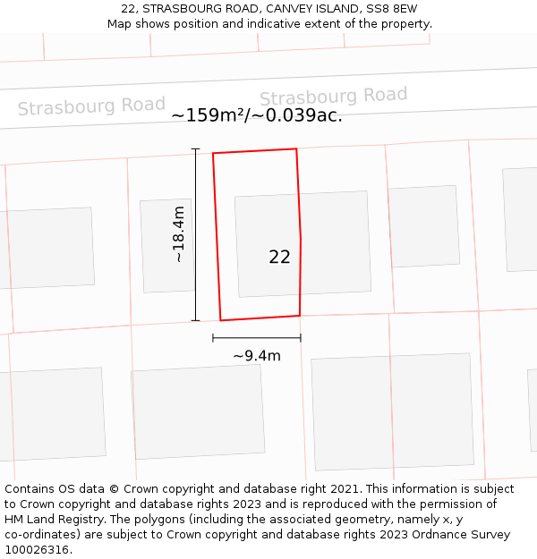 22, STRASBOURG ROAD, CANVEY ISLAND, SS8 8EW: Plot and title map