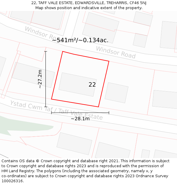 22, TAFF VALE ESTATE, EDWARDSVILLE, TREHARRIS, CF46 5NJ: Plot and title map