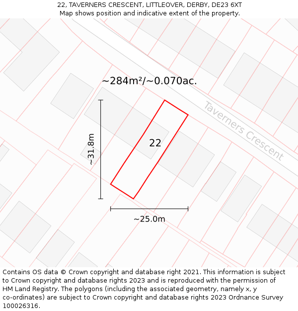 22, TAVERNERS CRESCENT, LITTLEOVER, DERBY, DE23 6XT: Plot and title map