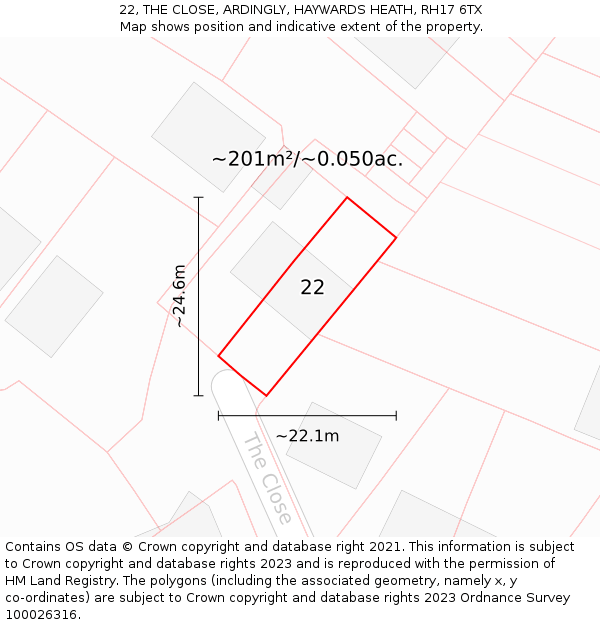 22, THE CLOSE, ARDINGLY, HAYWARDS HEATH, RH17 6TX: Plot and title map