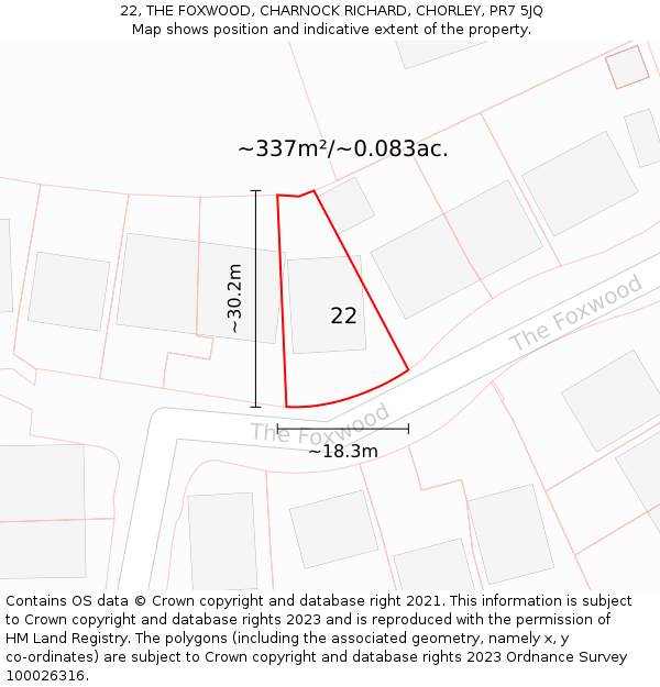 22, THE FOXWOOD, CHARNOCK RICHARD, CHORLEY, PR7 5JQ: Plot and title map