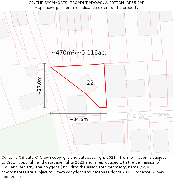 22, THE SYCAMORES, BROADMEADOWS, ALFRETON, DE55 3AE: Plot and title map