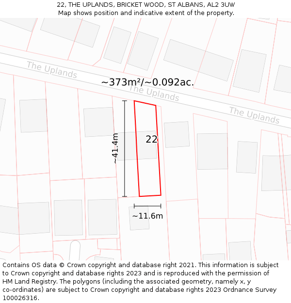 22, THE UPLANDS, BRICKET WOOD, ST ALBANS, AL2 3UW: Plot and title map
