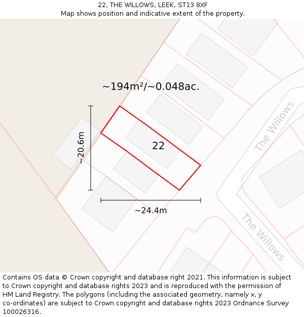 22, THE WILLOWS, LEEK, ST13 8XF: Plot and title map