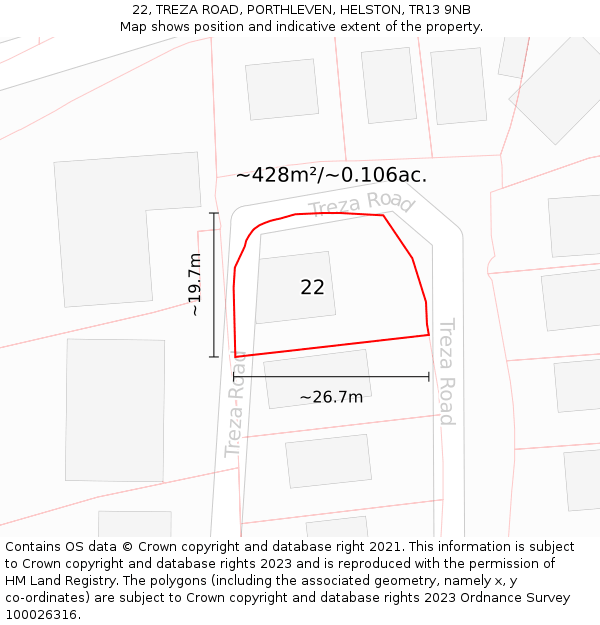 22, TREZA ROAD, PORTHLEVEN, HELSTON, TR13 9NB: Plot and title map