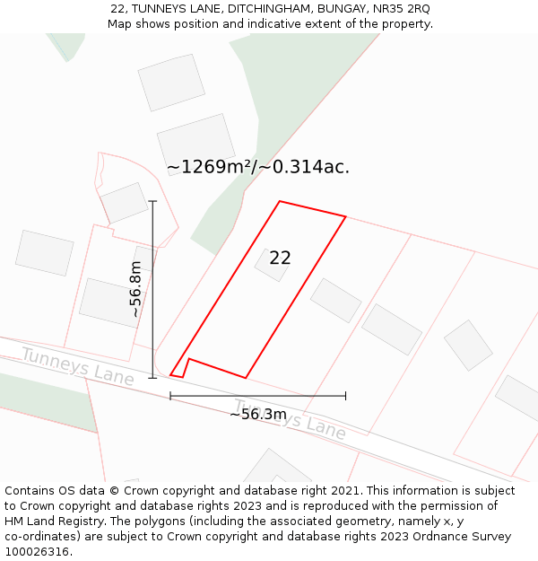 22, TUNNEYS LANE, DITCHINGHAM, BUNGAY, NR35 2RQ: Plot and title map