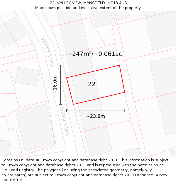 22, VALLEY VIEW, MANSFIELD, NG18 4US: Plot and title map