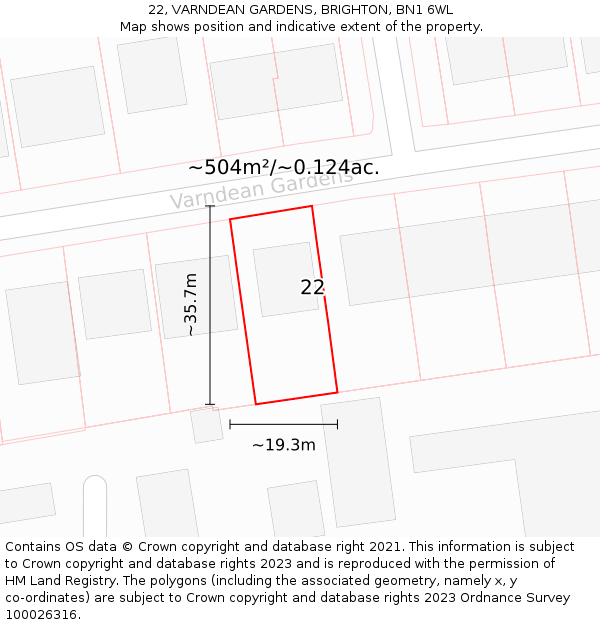 22, VARNDEAN GARDENS, BRIGHTON, BN1 6WL: Plot and title map