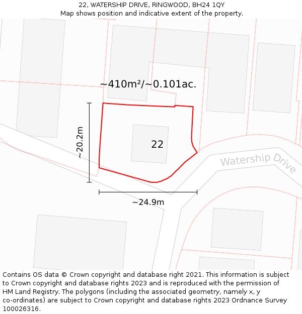 22, WATERSHIP DRIVE, RINGWOOD, BH24 1QY: Plot and title map