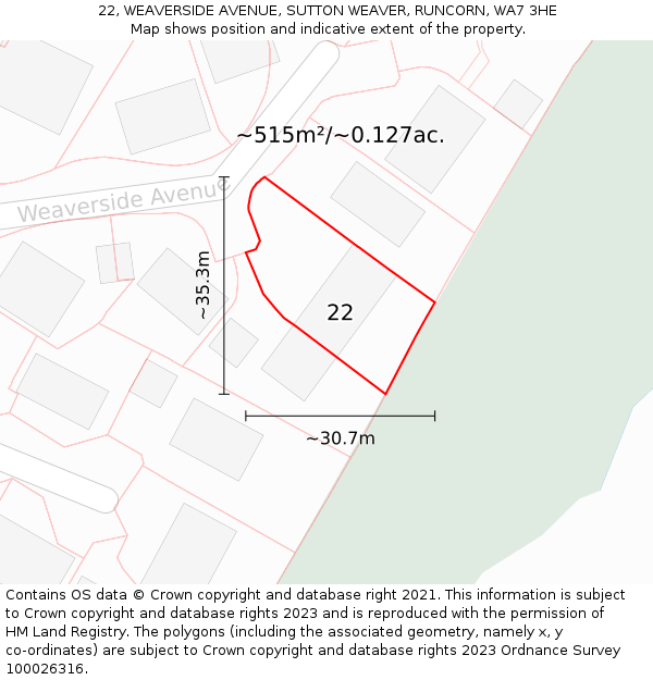 22, WEAVERSIDE AVENUE, SUTTON WEAVER, RUNCORN, WA7 3HE: Plot and title map