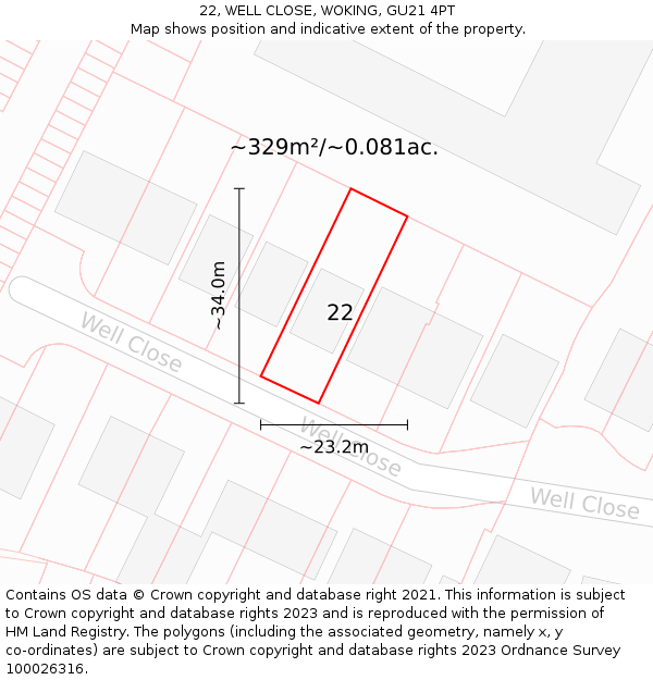 22, WELL CLOSE, WOKING, GU21 4PT: Plot and title map