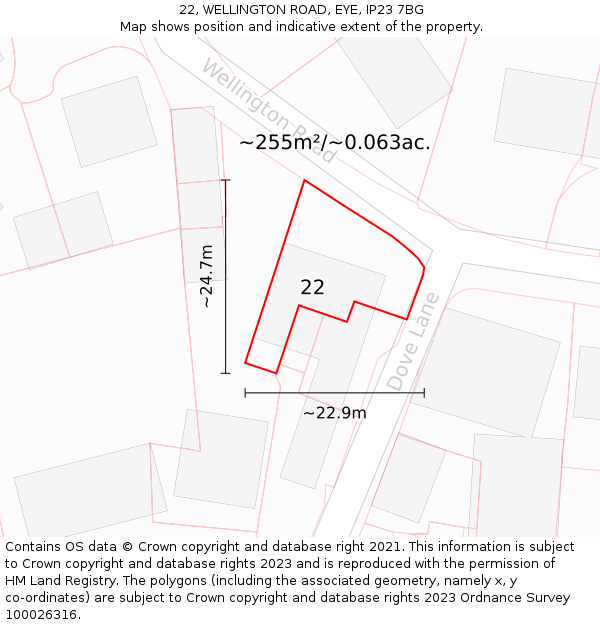 22, WELLINGTON ROAD, EYE, IP23 7BG: Plot and title map