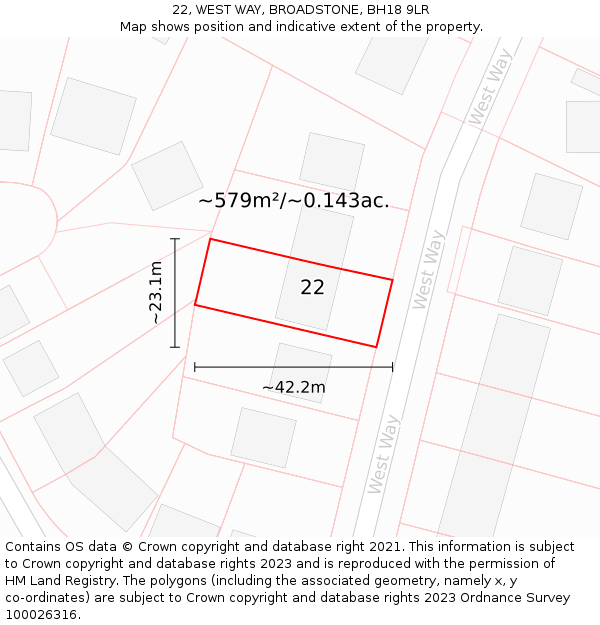 22, WEST WAY, BROADSTONE, BH18 9LR: Plot and title map