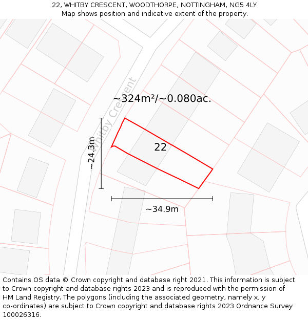 22, WHITBY CRESCENT, WOODTHORPE, NOTTINGHAM, NG5 4LY: Plot and title map