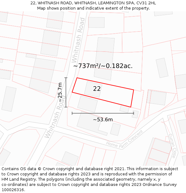 22, WHITNASH ROAD, WHITNASH, LEAMINGTON SPA, CV31 2HL: Plot and title map