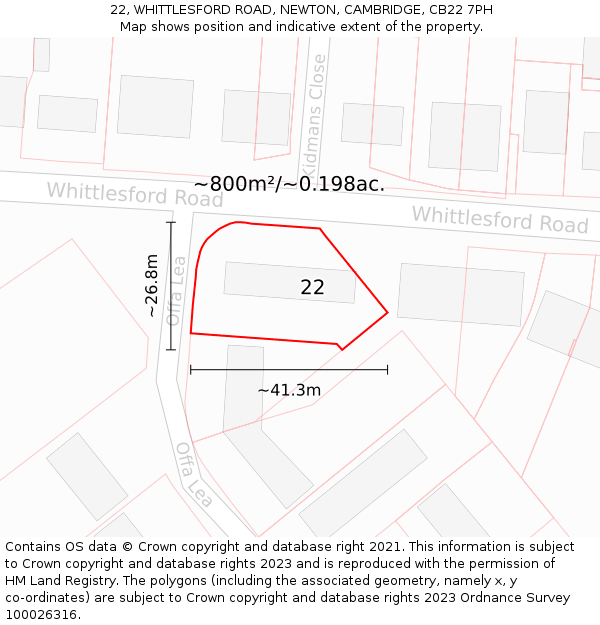 22, WHITTLESFORD ROAD, NEWTON, CAMBRIDGE, CB22 7PH: Plot and title map